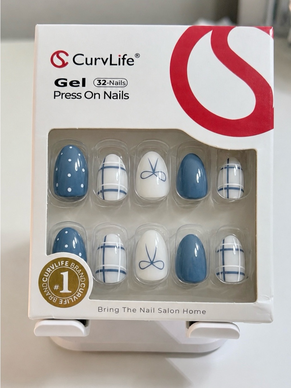 CurvLife Gel Press-On Nails – Blue & White Plaid 32pcs